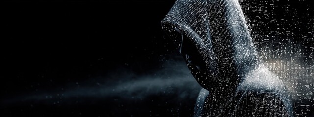 Hooded hacker made of glowing digital mesh working in cyberspace