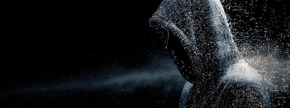 Hooded hacker made of glowing digital mesh working in cyberspace