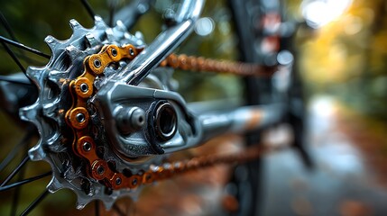 A closeup shot capturing the intricate details of a bicycles rear cassette and chain, highlighting the mechanics and engineering of cycling in an autumnal setting