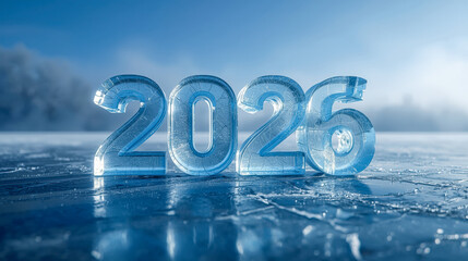 The number 2026 carved from blocks of transparent blue ice with realistic cracks and frost textures. Standing on a frozen lake surface with a blurred winter background. Concept for New Year, winter se