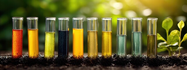 Test Tubes with Colorful Liquids in Soil Against Green Natural Background