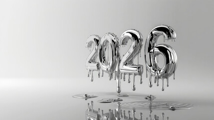 The number 2026 designed with a melting liquid mercury or silver chrome texture. Dripping metal typography isolated on a clean white background with copy space on the left. Concept for futuristic New 