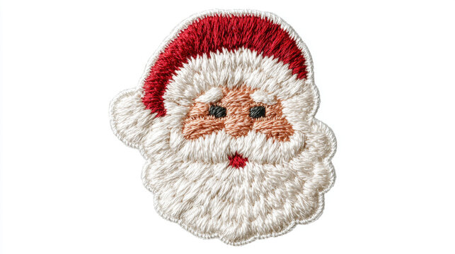 Crochet-style Santa Claus face patch isolated on a solid white color background, with a warm and cozy vibe, front view.