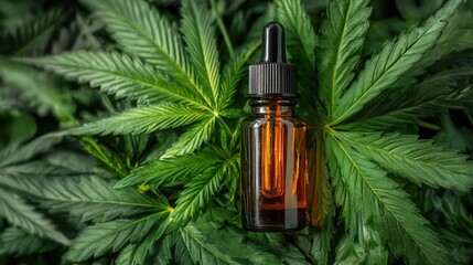 A small amber glass bottle with a dropper of CBD oil among cannabis leaves