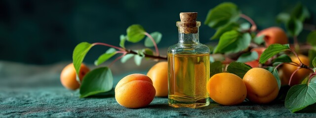 A small glass bottle of apricot kernel oil stands among ripe apricots