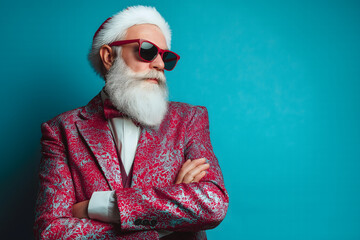 Stylish senior man like Modern Santa Claus with white beard wearing trendy red sunglasses and a patterned blazer posing confidently against a blue background