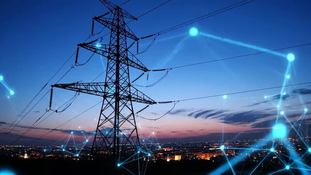 A high voltage pylon stands silhouetted against a twilight sky, overlaid with a digital network of glowing blue nodes and lines, symbolizing energy transmission and modern technological connection.