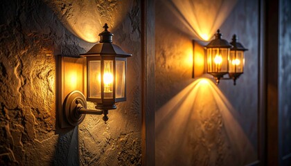 Warm glowing wall lamp in classic lantern style mounted on dark interior wall, creating cozy ambient lighting and elegant home decor.