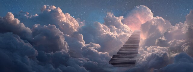 A staircase rising through the clouds leading to a dramatic, bright sky