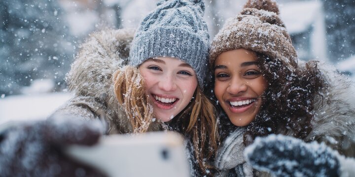 Two joyful young women in furry hooded jackets and pom-pom beanies taking selfie with phone during heavy snowfall outdoors. Fun winter friendship moment, cheerful snowy holiday vibe.