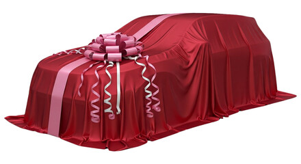 Car covered in red satin fabric and gift bow. cutout on transparent background
