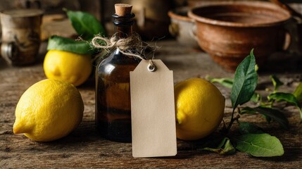 Still Life: Fresh Lemons, Essential Oil Bottle with Tag on Rustic Wood