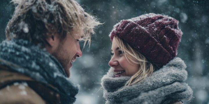 Young couple in snowy knit hats gaze tenderly nose-to-nose amid falling flakes in dim winter dusk. Passionate romantic snowfall moment, intimate holiday love vibe.