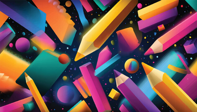 Colorful Pencils and Shapes Floating in a Dark Cosmic Background