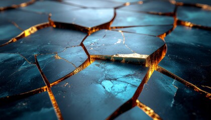 Dynamic Abstract Background Showing Cracked Dark Blue Surface with Glowing Golden Fissures