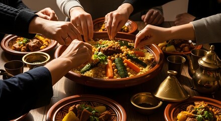 Hands sharing traditional couscous from communal bowl at family meal