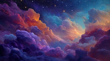 Vibrant Ethereal Star-Filled Night Sky with Colorful Nebula Clouds