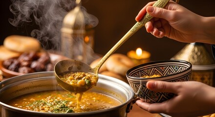 Serving warm harira soup during ramadan iftar preparation