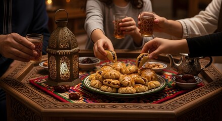 Family hands sharing traditional makrout and tea during ramadan iftar