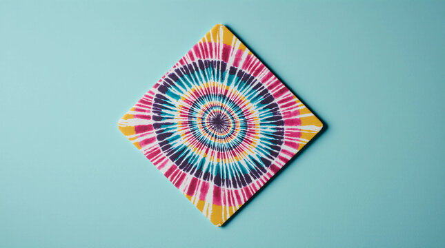 A square piece of paper or fabric, rotated 45 degrees, featuring a vibrant tie-dye bullseye pattern of pink, blue, purple, and yellow rings against a light blue background.