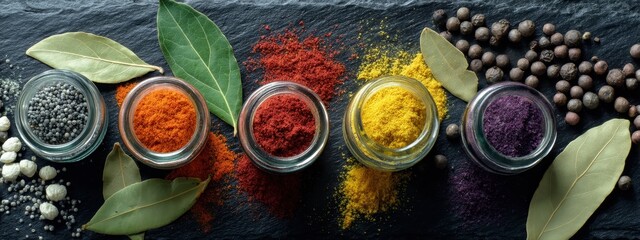 Vibrant arrangement of colorful spices in glass jars set on a dark stone surface