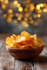 A wooden bowl filled with crispy homemade potato chips rests on a rustic table against a blurred festive bokeh background