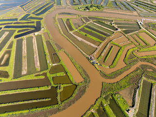 Flooded farming fields in Portugal, Aerial Landscare of Irrigated Agriculture in Europe. Abstract Pattern at Sunny Day