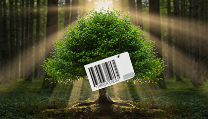 White price tag with barcode reading carbon credit hanging on lush green tree