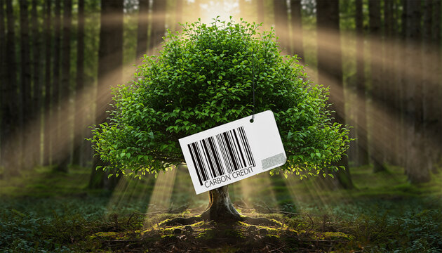 White price tag with barcode reading carbon credit hanging on lush green tree - Powered by Adobe