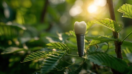 Dental implant resting on fresh green leaves, symbolizing natural integration and health