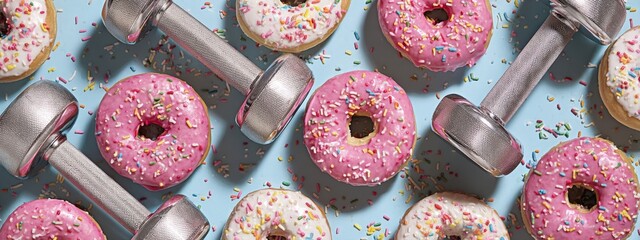 Donuts and a pink dumbbell, creating a contrast symbolizing the balance between fitness and temptation