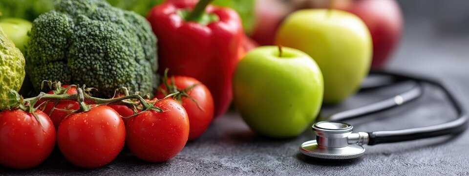 Fresh vegetables and fruits (broccoli, pepper, tomatoes) next to a stethoscope, symbolizing a healthy lifestyle