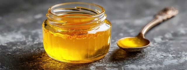 Golden clarified butter or Ghee in a glass jar, with a butter cube and spoon, on a grey background