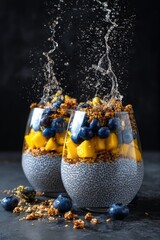 Three portions of layered chia seed pudding with mango, blueberries, and granola, featuring a liquid splash effect