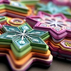 A detailed, close-up view of stacked, colorful paper quilled snowflakes with intricate designs.