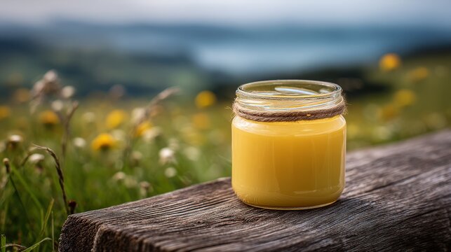 Pure organic cow ghee (clarified butter) in a jar against a summer meadow background