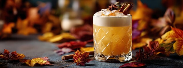 Autumn whiskey sour cocktail with maple syrup, vanilla and cinnamon, surrounded by leaves