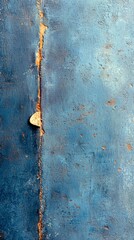 A close-up view of a weathered blue painted metal surface, showing a prominent vertical seam with rust and a small coin lodged within the crack.