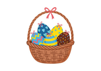 Flat Vector Easter Basket with Decorated Eggs - Spring Holiday Illustration