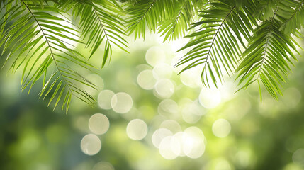 Tropical green palm leaves with sunlight and bokeh background