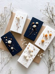 A collection of textured notebooks and cards featuring delicate dried floral arrangements and small pearls, set against a neutral background with scattered baby