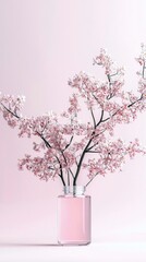 A close-up shot of blooming pink cherry blossom branches arranged in a clear glass vase containing a pale pink liquid.