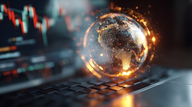 Laptop close-up with glowing money-transfer globe, double exposure, stock exchange theme. Digital finance, global transfers, online banking, stock exchange, fintech, currency trading, digital transact