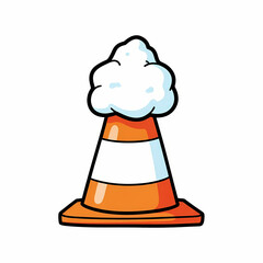 Traffic cone topped with snow in a playful, cartoon style  