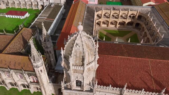 Courtyard of Hieronymites Monastery, Mosteiro dos Jeronimos in Lisbon, Portugal. Famous Lisboa UNESCO landmark, Aerial