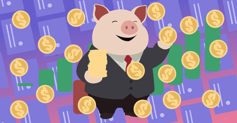 A pig in a black suit is smiling because it is rolling in money