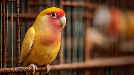 A vibrant lovebird with yellow and red plumage perched inside a cage, its inquisitive gaze capturing the viewers attention in this captivating avian portrait