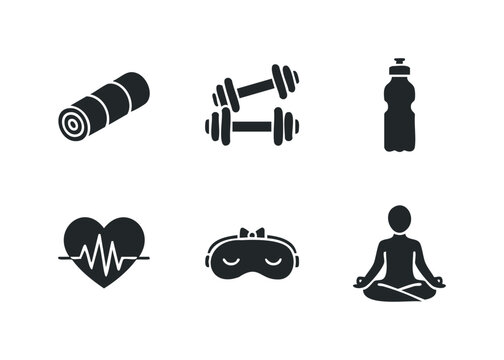 Wellness and health concept icons for exercise, relaxation, and selfcare activities perfect for web graphics, mobile applications, and printable resources