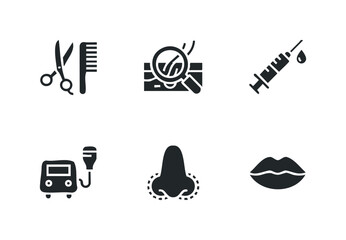 Professional icons for aesthetic treatments and personal grooming featuring a comb, scissors, skin inspection, syringe, fuel pump, nose rhinoplasty, and lip augmentation for clinic
