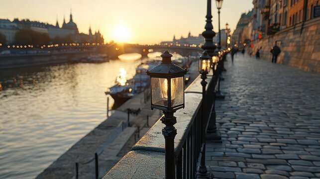 Sunset over a European canal, lit by lanterns on a stone walkway